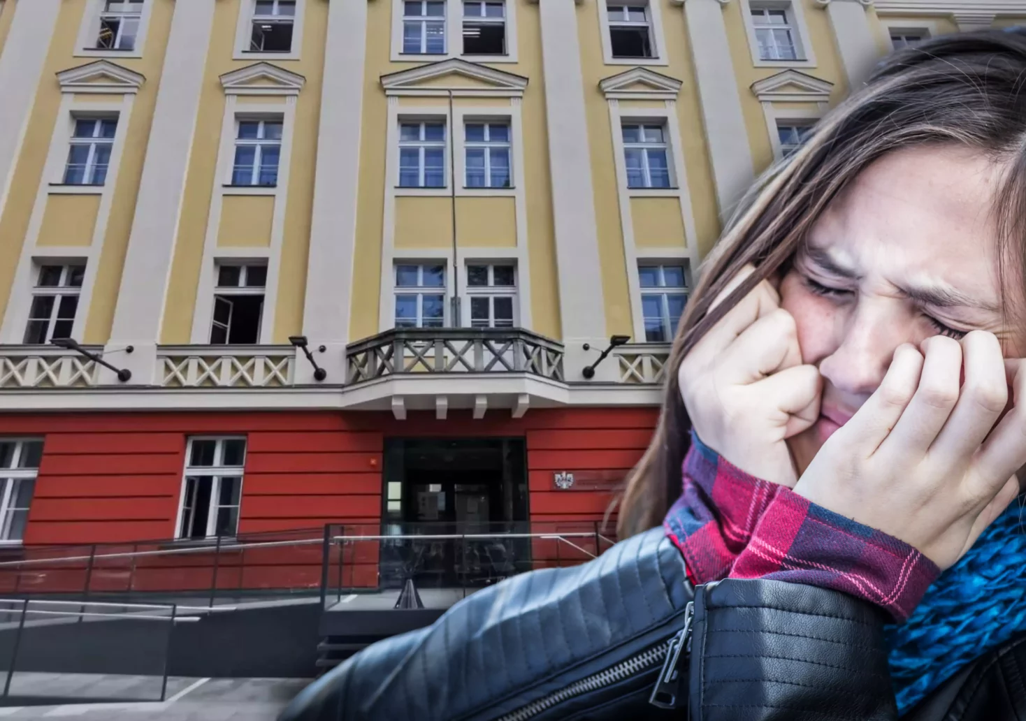 Eine Bildmontage auf 5min.at zeigt ein ängstliches Mädchen, vor dem Landesgericht in Klagenfurt