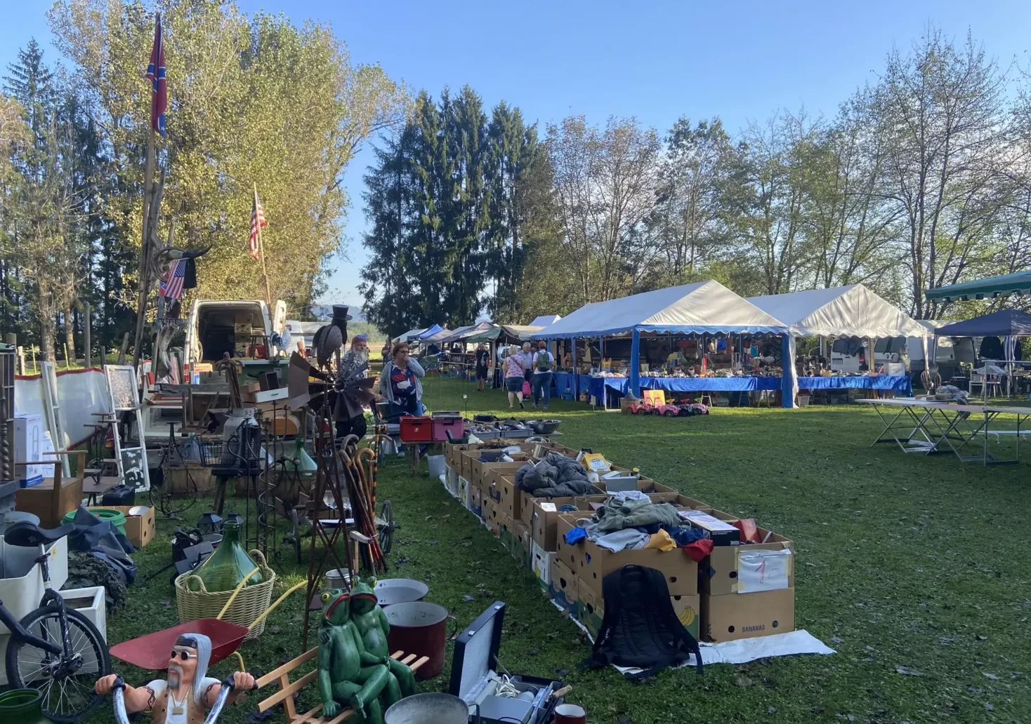 Foto in Beitrag von 5min.at: Zu sehen ist der Großflohmarkt in Viktring inklusive einiger Aussteller und Waren.