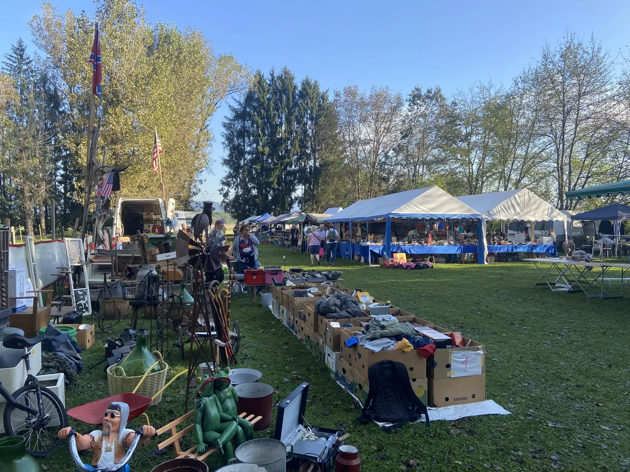 Foto in Beitrag von 5min.at: Zu sehen ist der Großflohmarkt in Viktring inklusive einiger Aussteller und Waren.