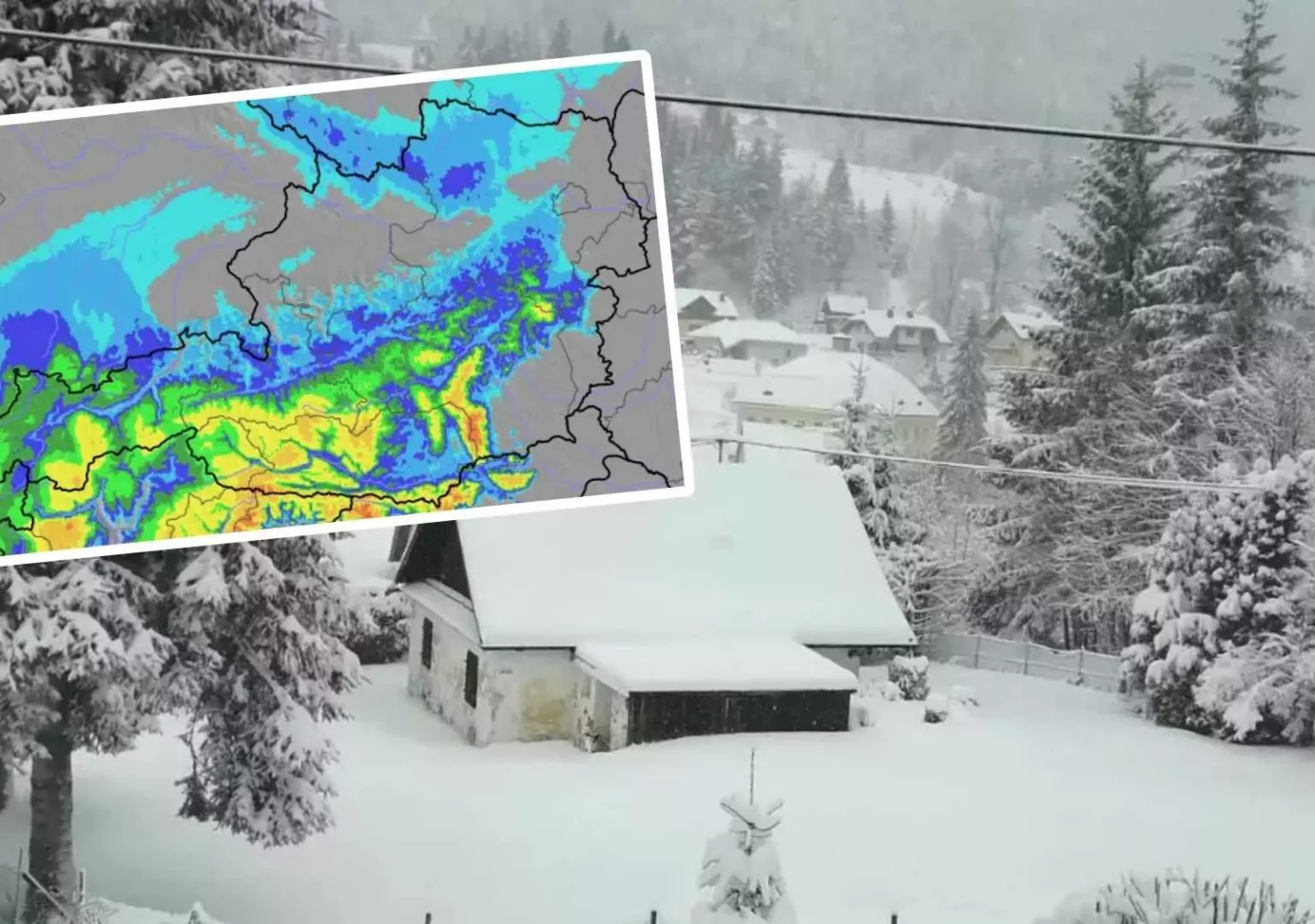 Foto in Beitrag von 5min.at: Zu sehen ist eine Karte vom Schneefall und ein Foto von Bad Bleiberg im Schnee.