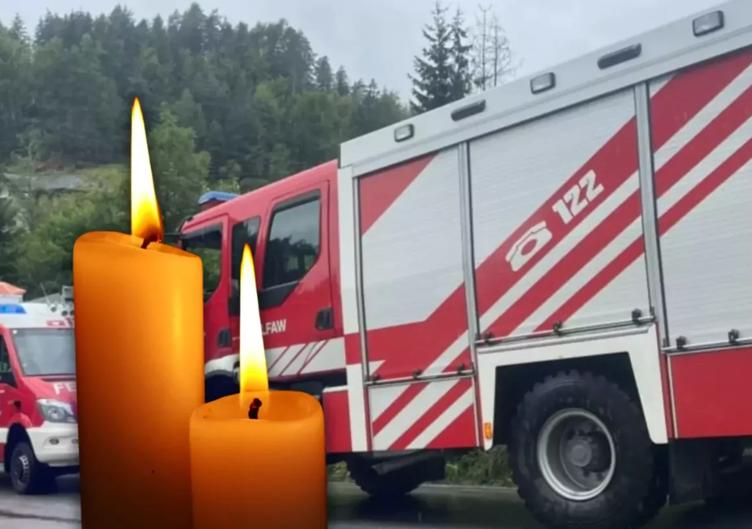 Bild auf 5min.at zeigt Feuerwehrautos und zwei Kerzen.