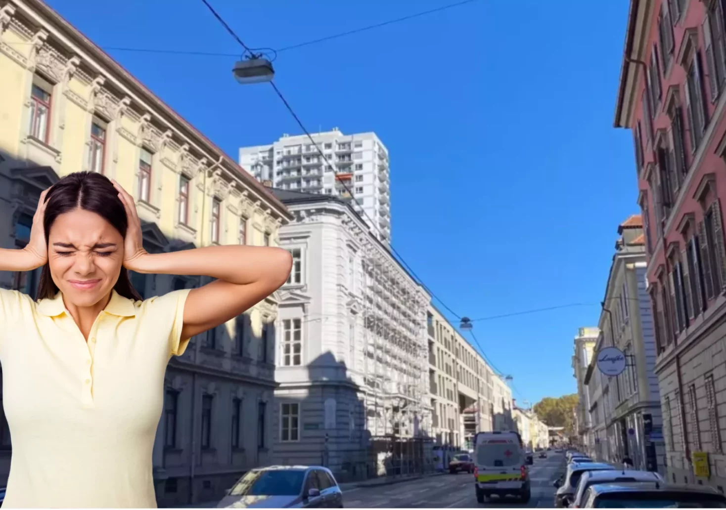 Bild auf 5min.at zeigt eine Person, die sich die Ohren zuhält vor einer Grazer Straße.