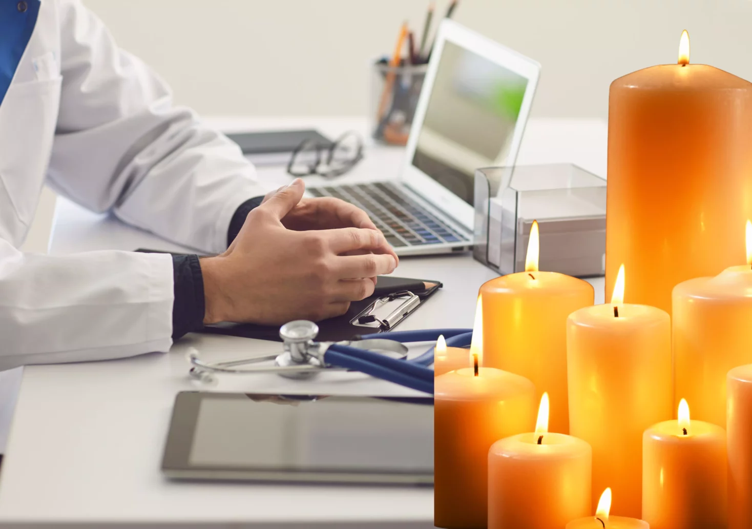 Foto in Beitrag von 5min.at: Zu sehen ist ein Arzt auf einem Tisch und einige Kerzen im Vordergrund.