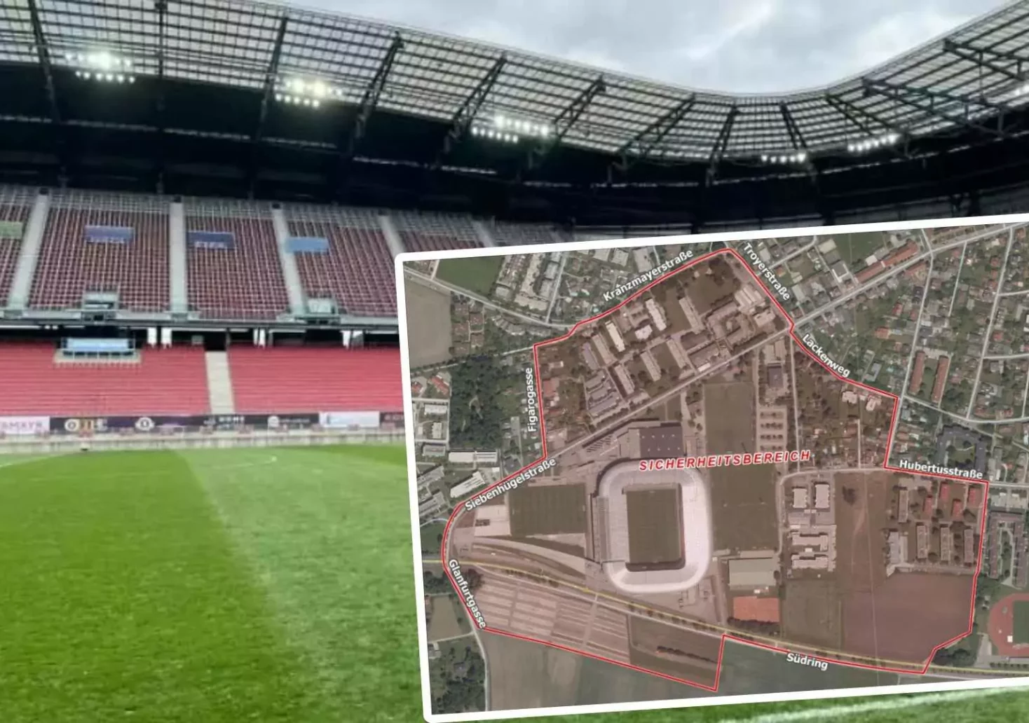 Foto in Beitrag von 5min.at: Zu sehen ist das Fußballstadion in Klagenfurt und die gesperrten Straßenzüge rund um das Stadion am 1. Mai im Überblick.