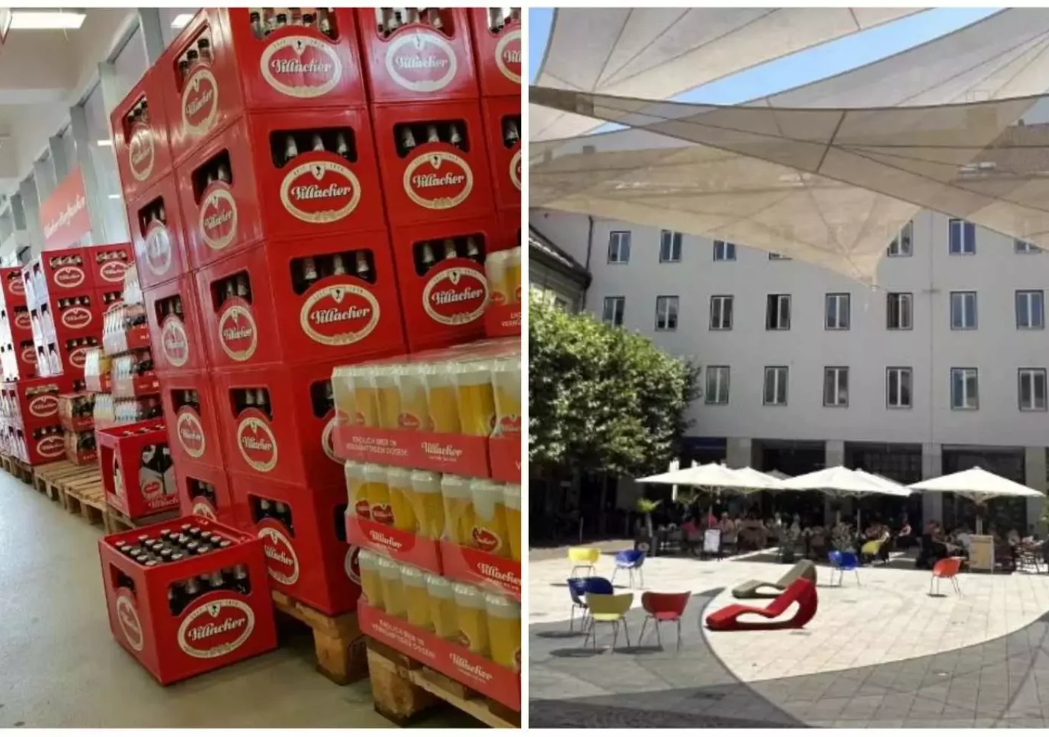 Foto in Beitrag von 5min.at: Zu sehen sind einige Kisten Villacher Bier in einer Montage mit dem Villacher Rathausplatz und dem Rathauscafé im Hintergrund.