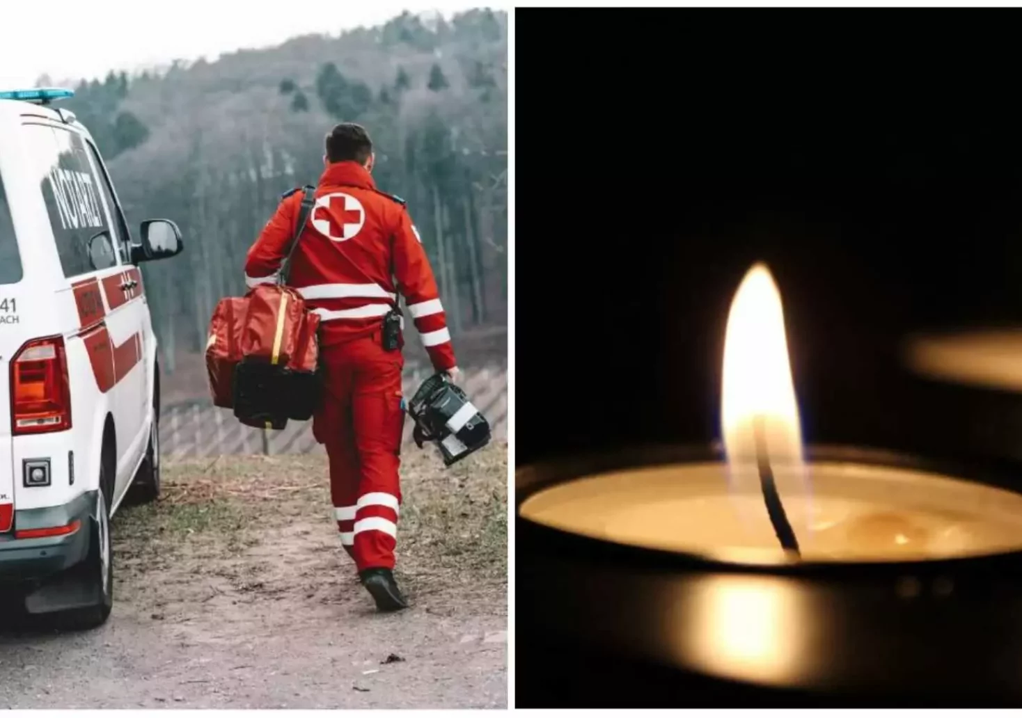Foto in Beitrag von 5min.at: Zu sehen ist ein Rettungssanitäter, der in Richtung Rettungsauto geht und Kerzen, weil jemand verstorben ist.