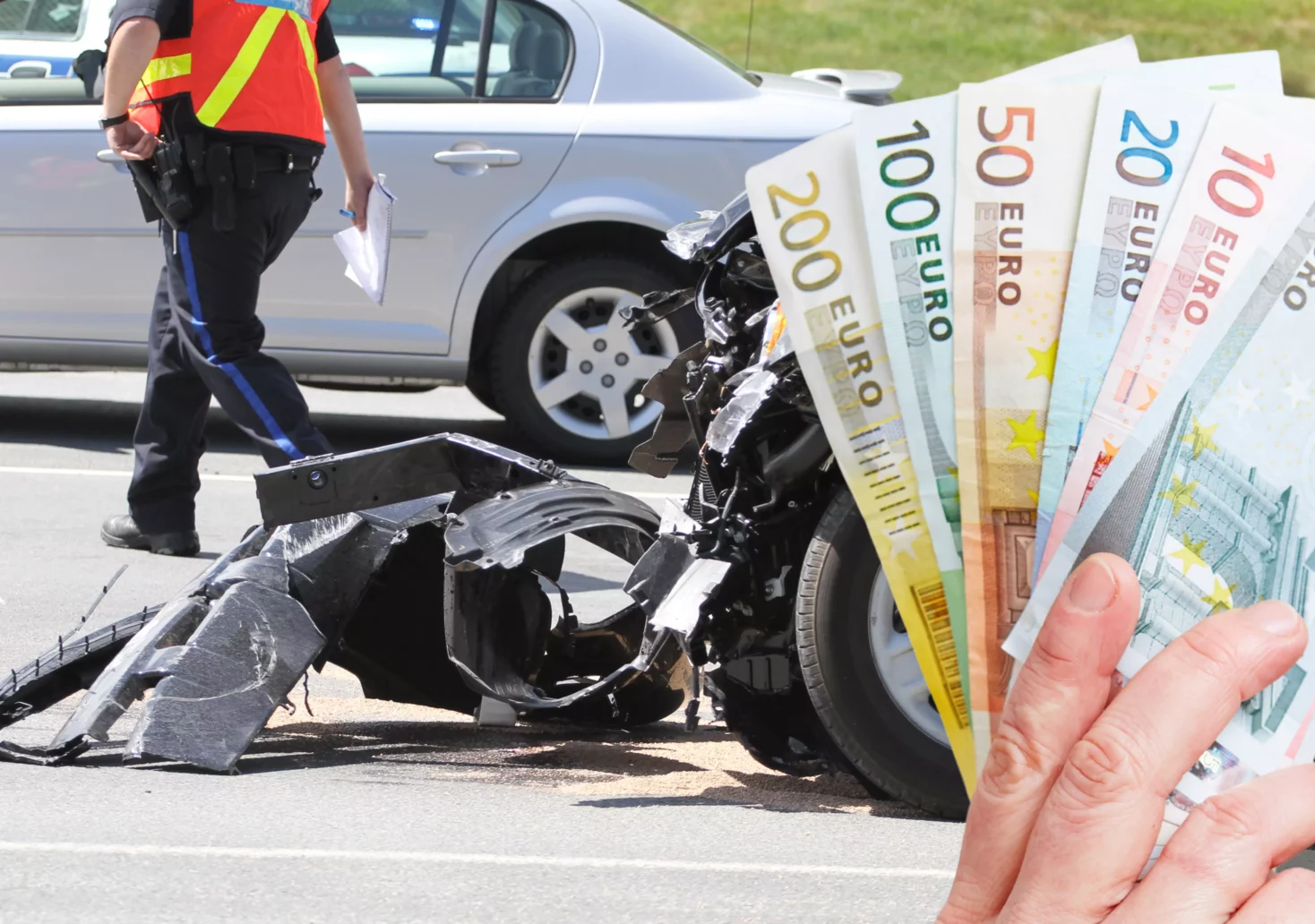 Ein Bild auf 5min.at zeigt einen Verkehrsunfall und jemanden, der einen Bündel Geldscheine, wie einen Fächer in den Händen hält.
