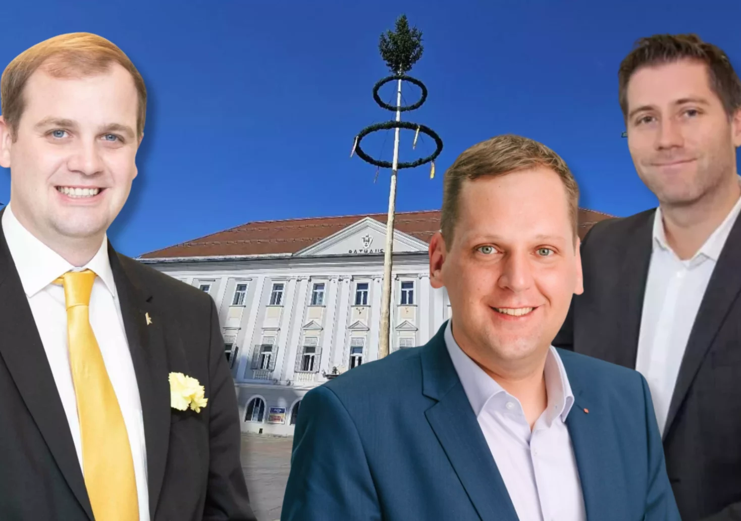 Ein Bild auf 5min.at zeigt Team-Kärnten-Klubobmann Patrick Jonke, SPÖ-Parteichef Philip Kucher und Vizebürgermeister Liesnig vor dem Klagenfurter Rathaus.