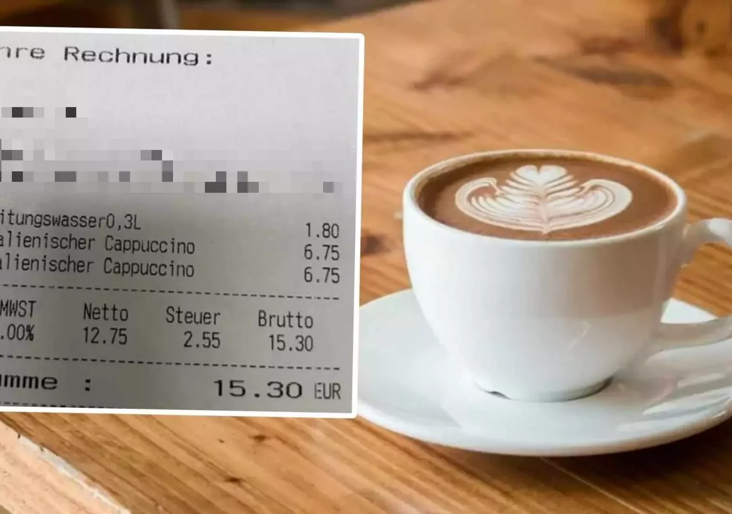 Foto in Beitrag von 5min.at: Zu sehen ist ein Kaffee im Hintergrund und die horrende Rechnung im Vordegrund.