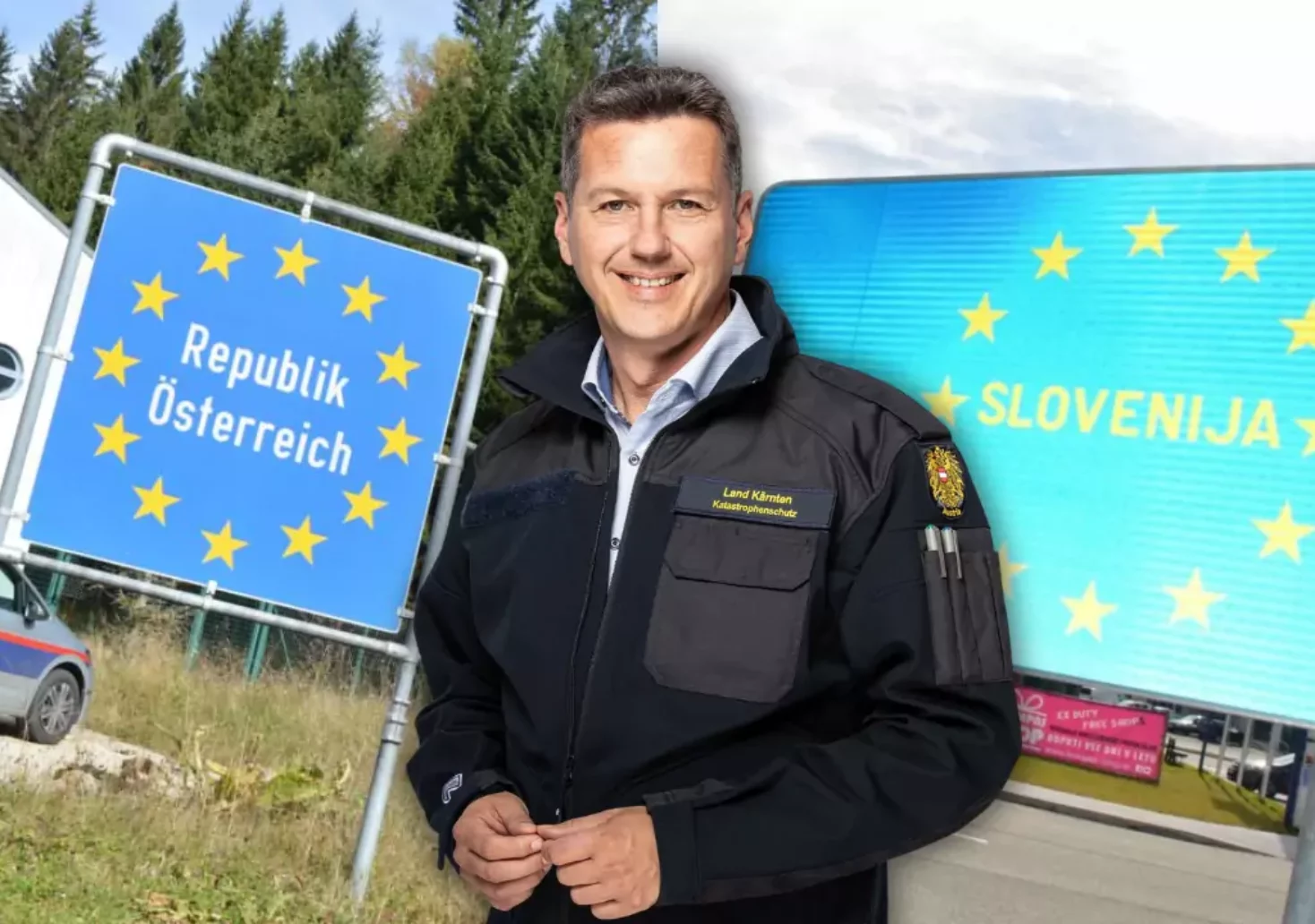 Bild auf 5min.at zeigt im Hintergrund den Grenzübergang zwischen Österreich und Slowenien. Im Vordergrund ist Kärntner Landesrat Daniel Fellner zu sehen.