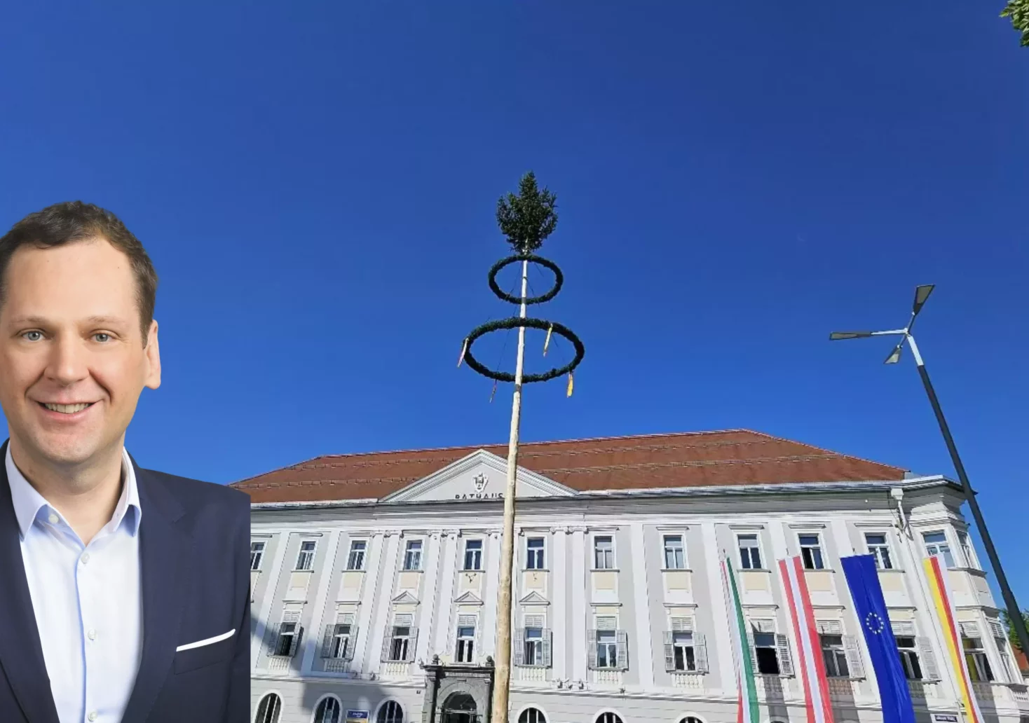 Bild auf 5min.at zeigt das Klagenfurter Rathaus und den Politiker Philip Kucher