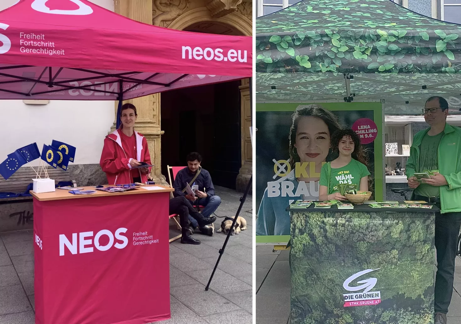 Foto auf 5min.at zeigt die Werbestände der NEOS und der Grünen in der Grazer Herrengasse