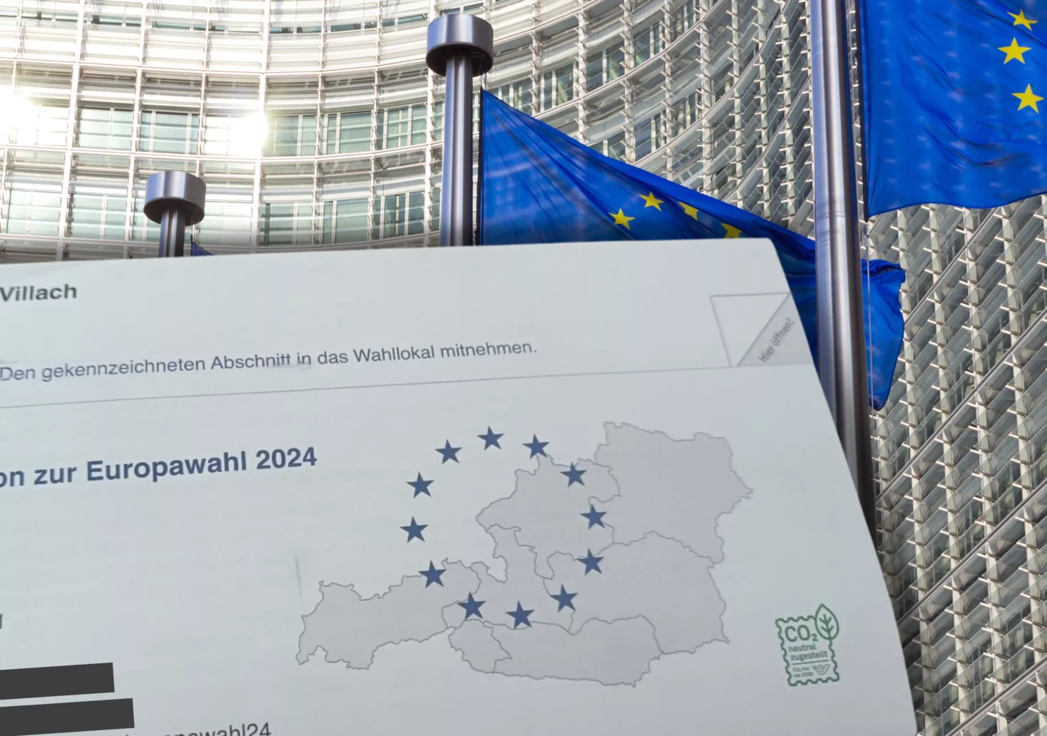Ein Bild auf 5min.at zeigt das Schreiben der Stadt Villach sowie EU-Flaggen im Hintergrund.