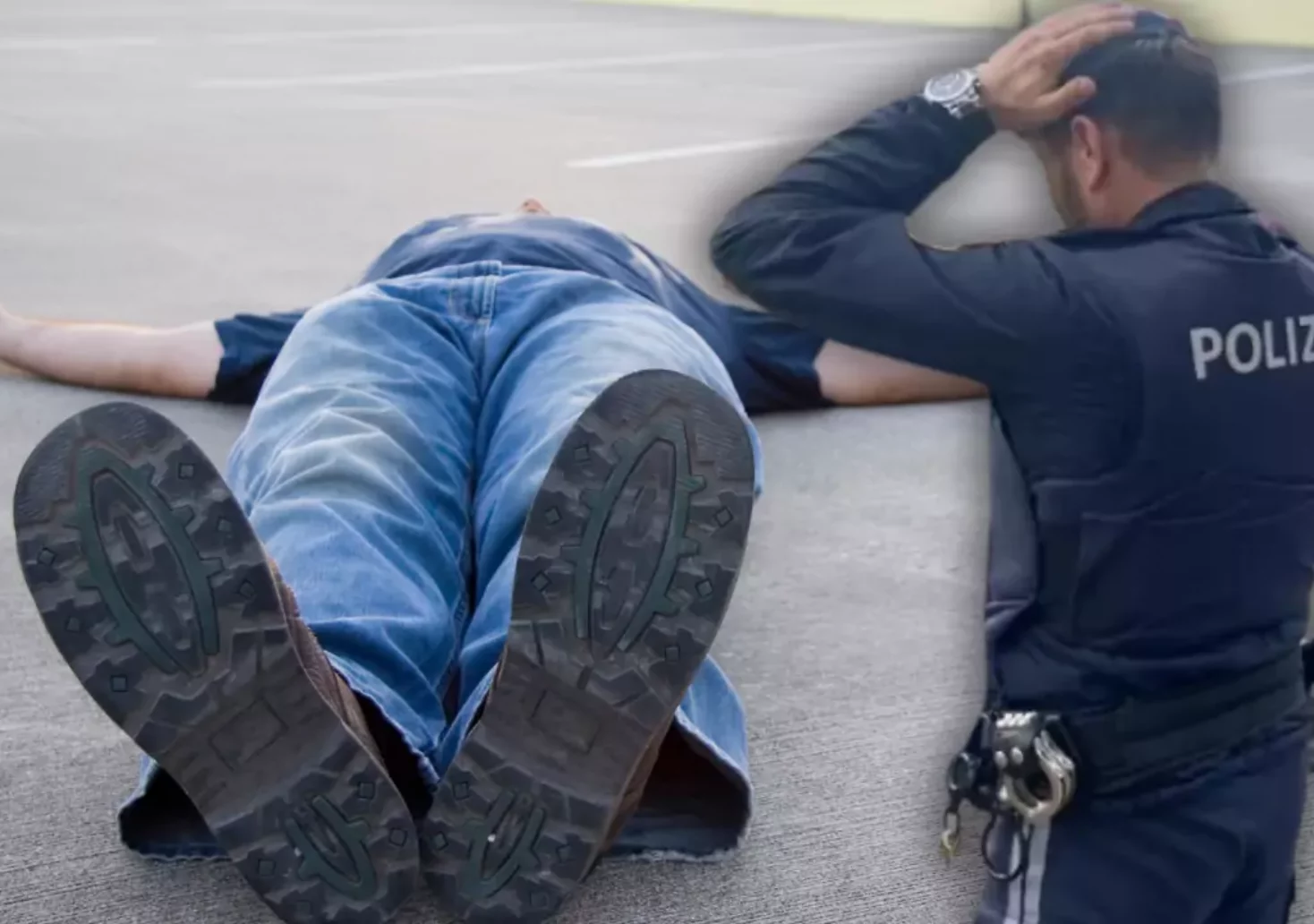 Bild auf 5min.at zeigt einen Mann, der am Boden liegt und einen Polizeibeamten im Vordergrund.