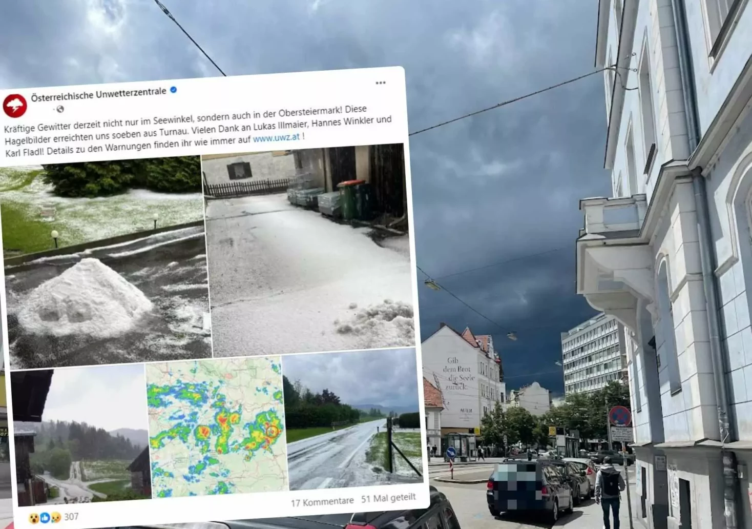 Foto in Beitrag von 5min.at: Zu sehen ist eine Montage von dem Posting der Unwetterzentrale und einem Foto von Graz mit dunklen Wolken.