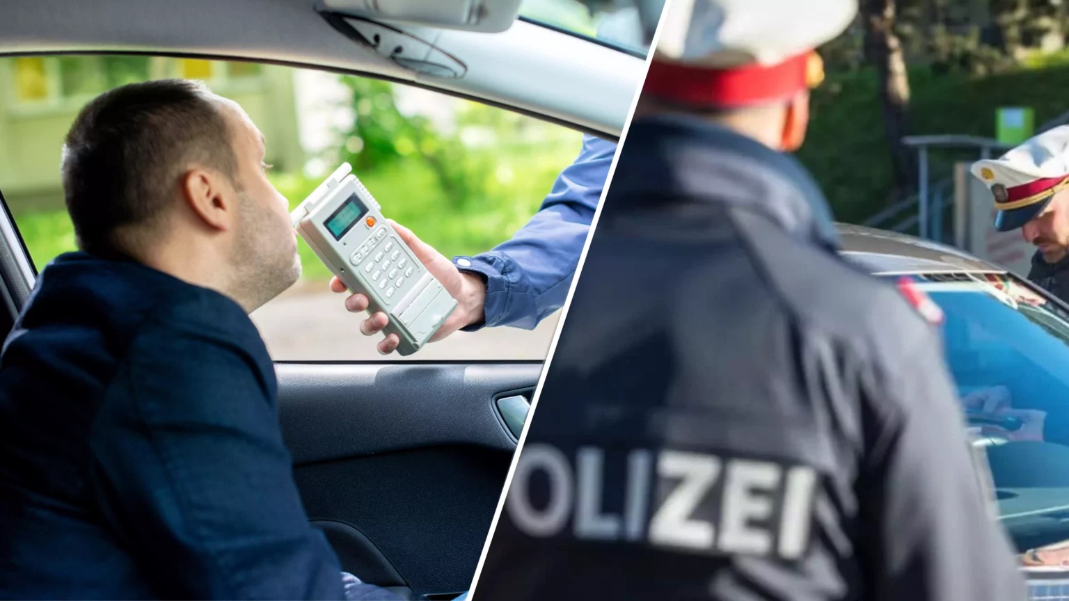 Eine Bildmontage auf 5min.at zeigt einen Lenker, der einen Alkomattest macht und eine Verkehrskontrolle.