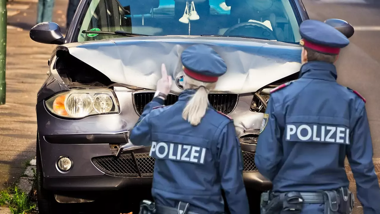 Bild auf 5min.at zeigt zwei Polizisten vor einem Unfallwrack.