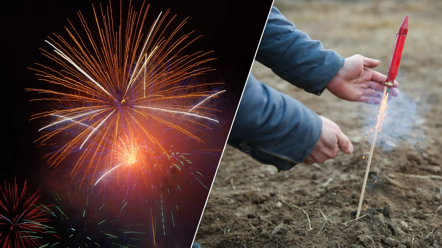 Eine Bildmontage auf 5min.at zeigt ein Feuerwerk und jemanden, der gerade eine Feuerwerksrakete entzündet.