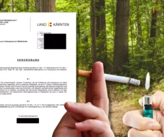 Eine Bildmontage auf 5min.at zeigt einen Wald sowie die Verordnung und zwei Hände, die eine hält eine glimmende Zigarette, die zweite ein brennendes Feuerzeug.