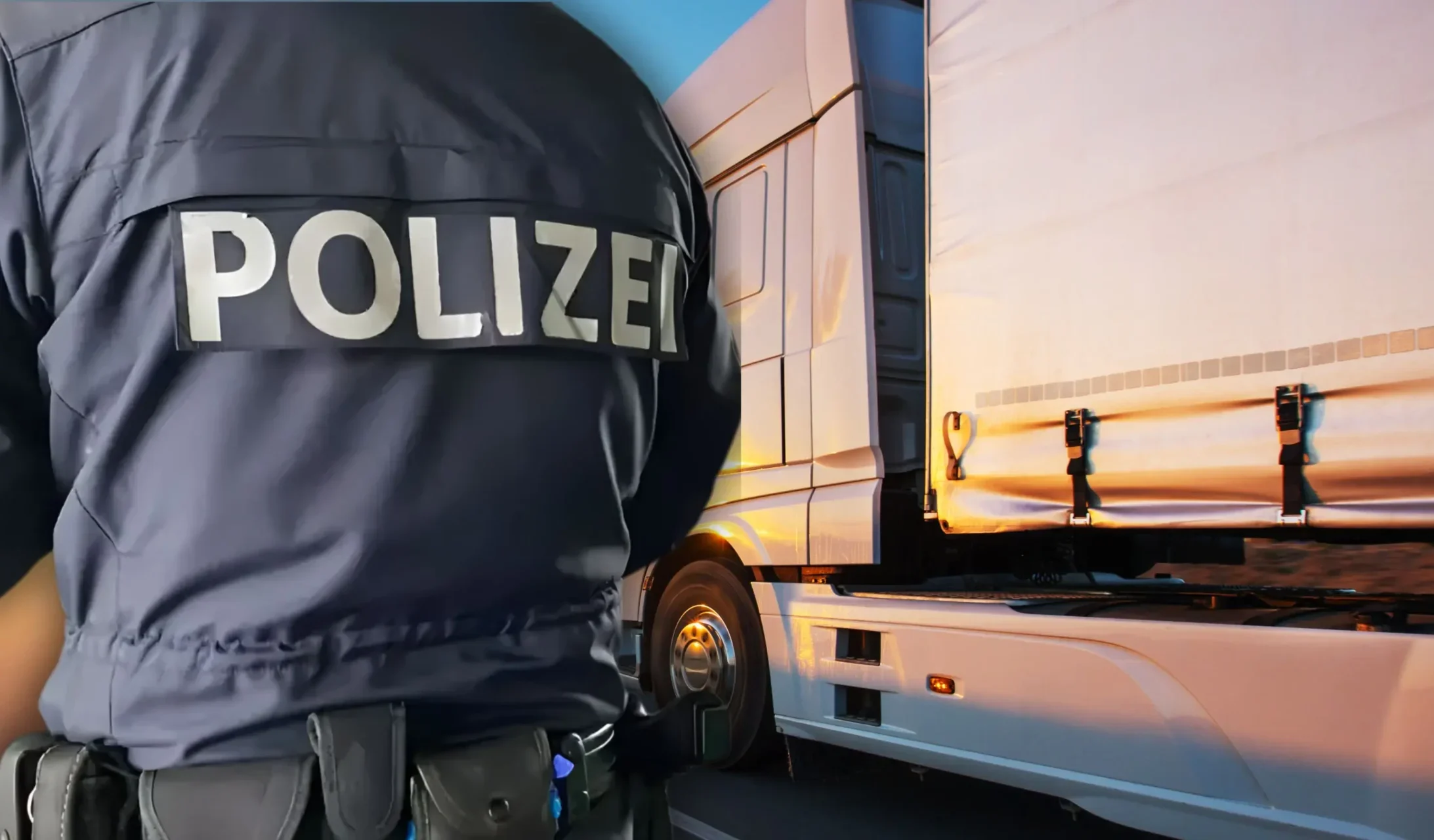 Foto in Beitrag von 5min.at zeigt einen Polizisten von hinten und einen LKW.