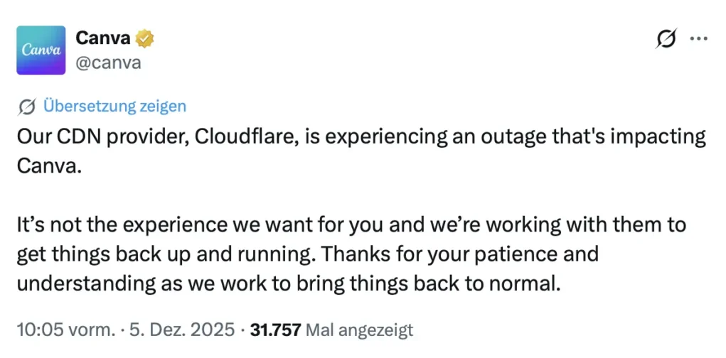 Das Bild auf 5min.at zeigt eine Störungsmeldung.