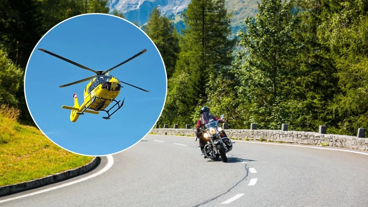 Das Bild auf 5min.at zeigt einen Motorradfahrer und einen Hubschrauber.