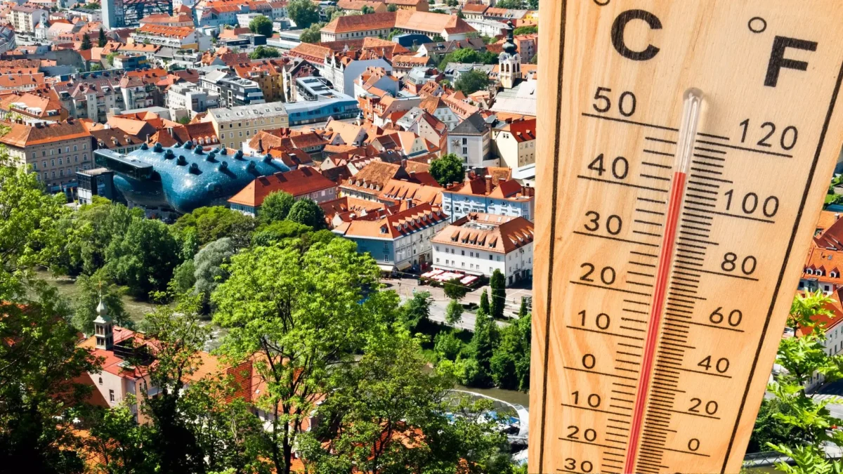 Auf dem Foto von www.,5min.at sieht man Graz und Hitze.