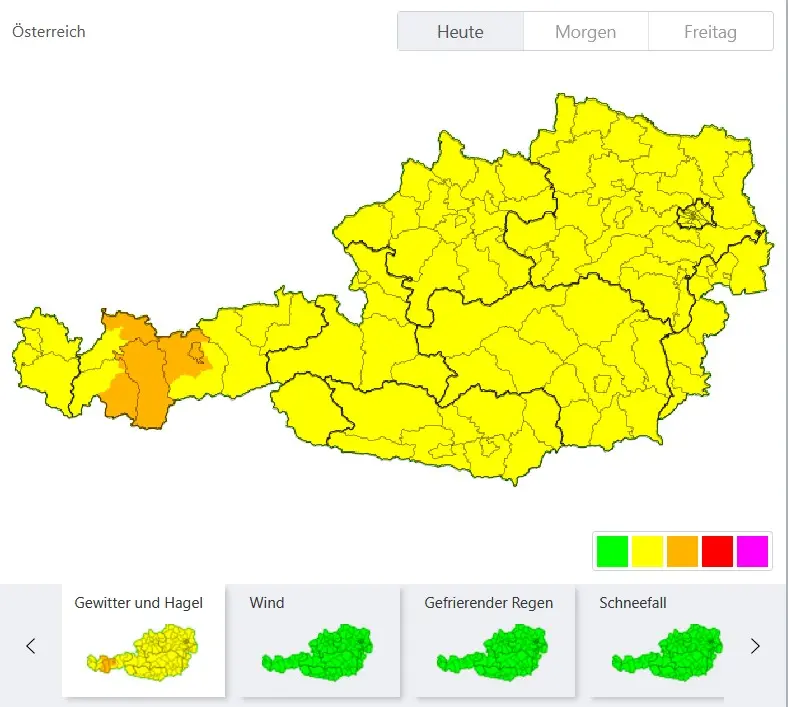 Das Bild auf 5min.at zeigt eine gelb-orange Gewitterwarnung für Österreich.