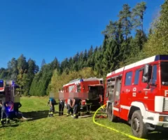 Ein Bild auf 5min.at zeigt zwei Einsatzfahrzeuge der Feuerwehr. Kameraden stehen davor.